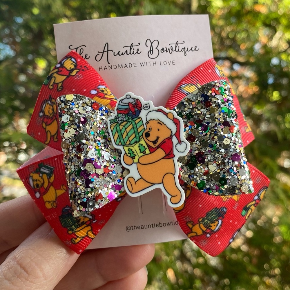 Christmas Pooh Bear Inspired Glitter Small Hair Bow